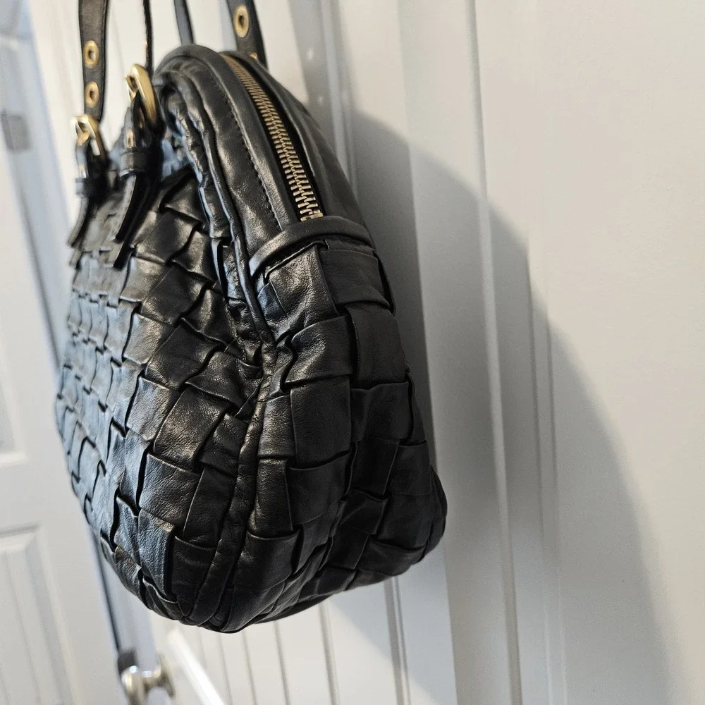 Escada Woven Satchel Shoulder Leather Bag Top Handle Gold Hardware Black